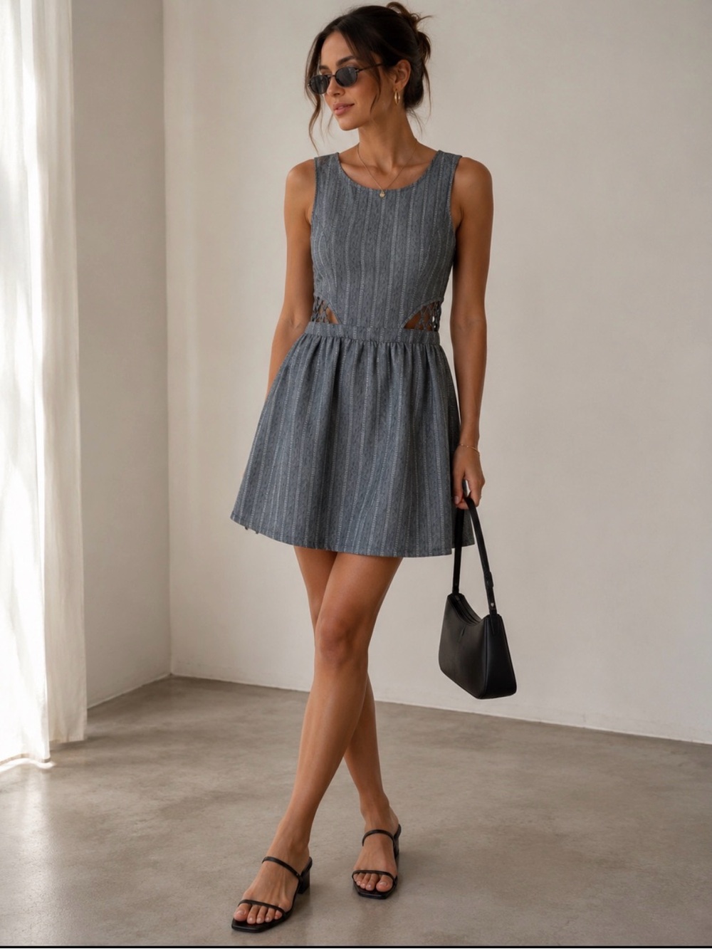 Very J. Grey Striped Dress, 100% Cotton, Mini, Cutouts, Women's US L